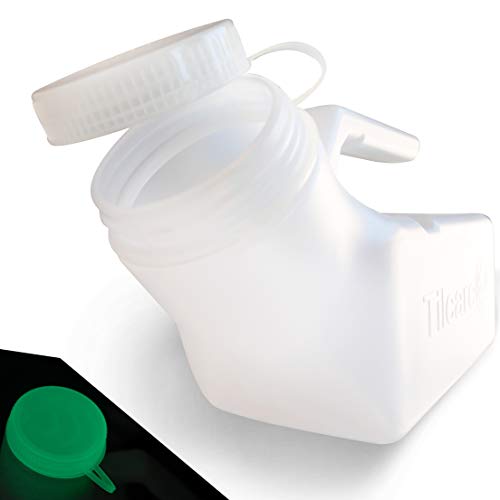 Orinales para hombres con tapa que brilla en la oscuridad Tilcare (1 unidad) - Botella plástica gruesa de 32 onzas/1000 ml para hombres con tapa a rosca - Orinal a prueba de derrames