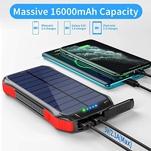 ORITO Cargador Solar Portátil Power Bank Solar 16000mAh, Batería Externa Solar con Carga Rápida 2 Salidas USB y 1 Entrada USB-C IP65 Impermeable 15 LED Linterna SOS 4 Modos, para Smartphones y iPad