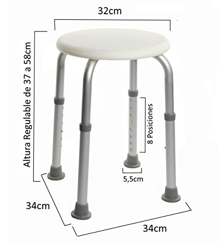 OrtoPrime Taburete de Ducha Redondo - Taburete Baño Antideslizante para discapacitados o ancianos - Silla Ortopédica para ducha - Altura Regulable
