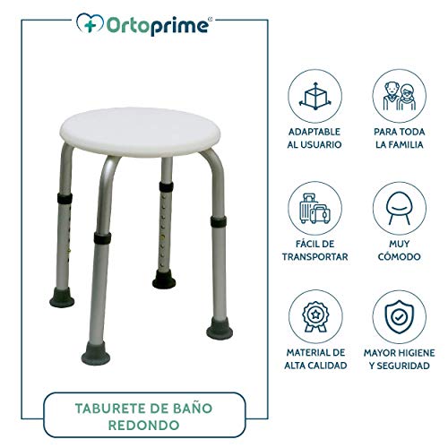OrtoPrime Taburete de Ducha Redondo - Taburete Baño Antideslizante para discapacitados o ancianos - Silla Ortopédica para ducha - Altura Regulable