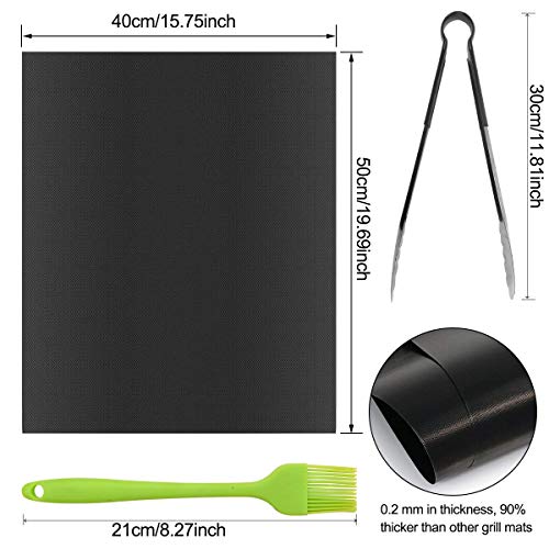 Osaloe Esteras de Barbacoa con Pequeño Cepillo de Silicona y Acortar, Juego de 4 Piezas Alfombrillas de Barbacoa Antiadherentes Reutilizable para Parrilla, Horno, Gas Carbón, BBQ (Negro)