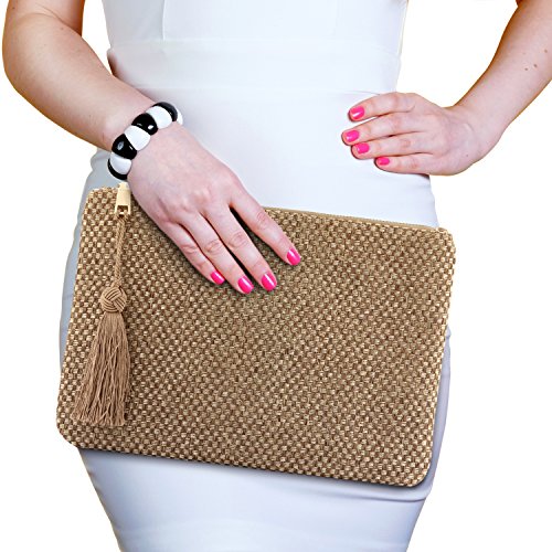 Otto Angelino Sobre de diseño - Bolso de mano - Pequeño bolso de mujer tejido con borla - Espacio para tarjetas de crédito y monedero - Ultradelgado y liviano - Cierre con cremallera