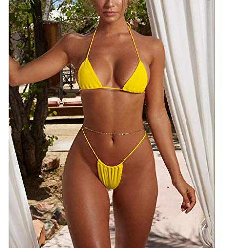 Overdose Bikinis Mujer 2019 Tanga, Mujeres Bandeau Bandage Bikini Set Push-Up Brasileño Ropa de Playa Traje de baño Color sólido (Small, o-Amarillo)