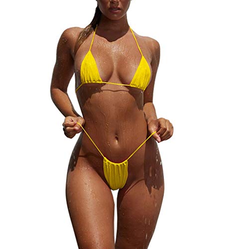 Overdose Bikinis Mujer 2019 Tanga, Mujeres Bandeau Bandage Bikini Set Push-Up Brasileño Ropa de Playa Traje de baño Color sólido (Small, o-Amarillo)