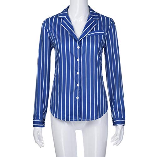 Overdose Blusa para Mujer OtoñO Primavera Nueva Mejor Venta De Moda Casual De Manga Larga Color Block Stripe Button Camisetas Tops (L, Azul-C)