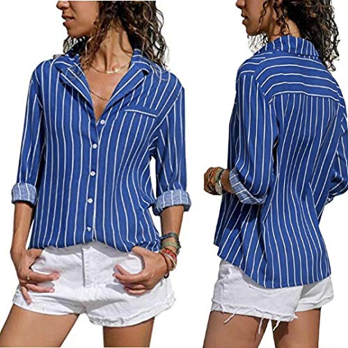 Overdose Blusa para Mujer OtoñO Primavera Nueva Mejor Venta De Moda Casual De Manga Larga Color Block Stripe Button Camisetas Tops (L, Azul-C)