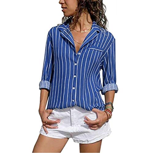 Overdose Blusa para Mujer OtoñO Primavera Nueva Mejor Venta De Moda Casual De Manga Larga Color Block Stripe Button Camisetas Tops (L, Azul-C)