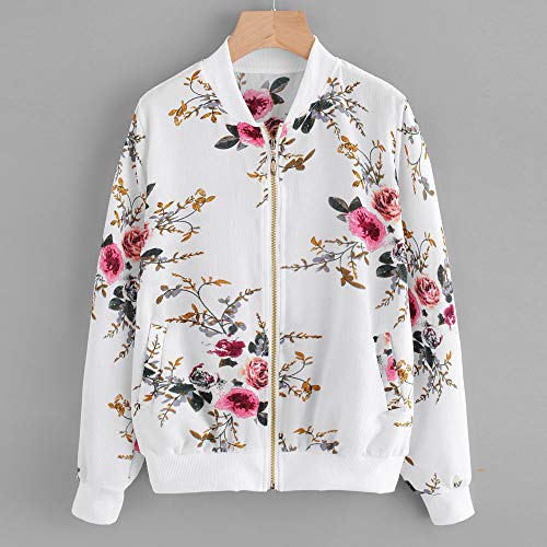 Overdose Las Nuevas SeñOras De Las Mujeres Retro Floral O-Cuello Zipper Up Bomber Mejor Venden Chaqueta Casual Outwear (S, M-Blanco)