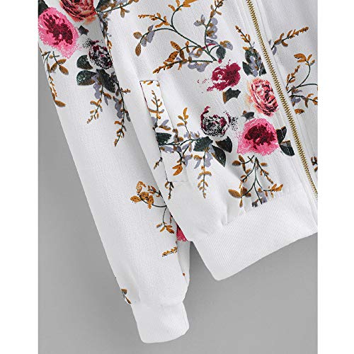 Overdose Las Nuevas SeñOras De Las Mujeres Retro Floral O-Cuello Zipper Up Bomber Mejor Venden Chaqueta Casual Outwear (S, M-Blanco)