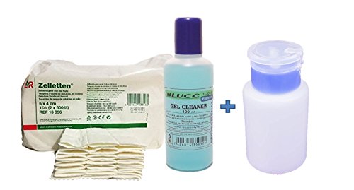 Pack Eliminar capa pegajosa de geles y esmaltes - Cleaner 100ml + Toallitas 100unidades Zelletten de celulosa + Dispensador para líquidos - Líquidos Imprescindibles - Blucc Style