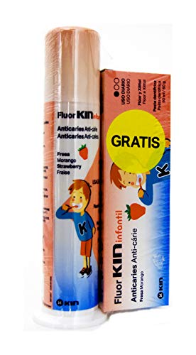 Pack Flúor Infantil Kin pasta fresa con dosificador 100 ml + pasta fresa 50 ml