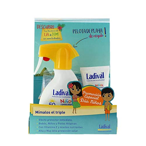 Pack Ladival niños: Spray leche SPF50 (alta) 200ml; leche SPF50+ (muy alta) 75 ml; Pelota de playa de regalo