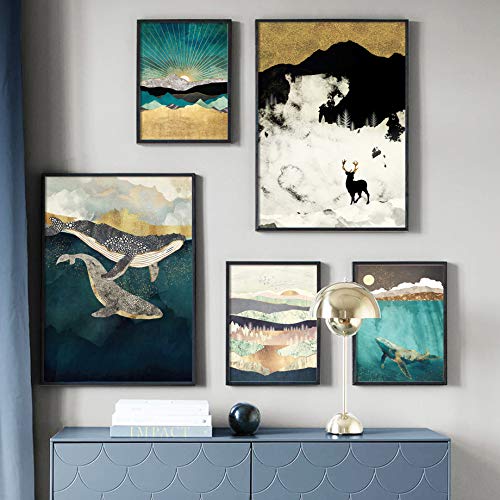 Paisaje abstracto Mountain Deer Whale Nordic Poster And Print Mural Art Canvas Living Room Decoration 20X25 cm