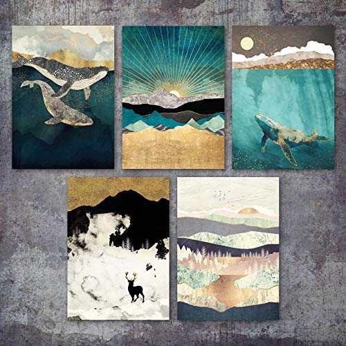 Paisaje abstracto Mountain Deer Whale Nordic Poster And Print Mural Art Canvas Living Room Decoration 20X25 cm
