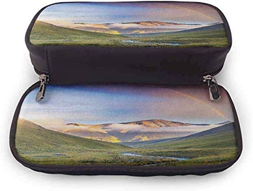 Paisaje Cuero Zip-Lock Bolsa de maquillaje cosmético Bolsa Bolígrafo Estuche para lápices Prado sereno con estrechas montañas del lecho del río Arco iris Hierba Nubes Niebla durante el día