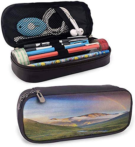 Paisaje Cuero Zip-Lock Bolsa de maquillaje cosmético Bolsa Bolígrafo Estuche para lápices Prado sereno con estrechas montañas del lecho del río Arco iris Hierba Nubes Niebla durante el día