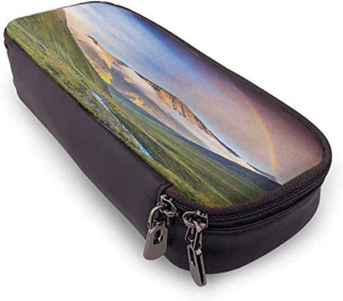 Paisaje Cuero Zip-Lock Bolsa de maquillaje cosmético Bolsa Bolígrafo Estuche para lápices Prado sereno con estrechas montañas del lecho del río Arco iris Hierba Nubes Niebla durante el día