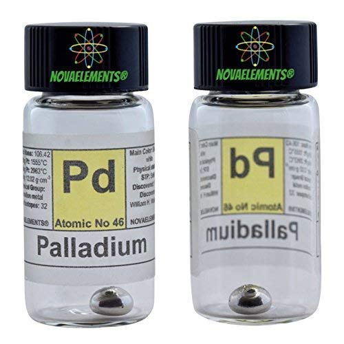Paladio Metal Elemento 46 Pd 99,99% Pellets de 0.5 Gramos en Vial de Vidrio con Etiqueta