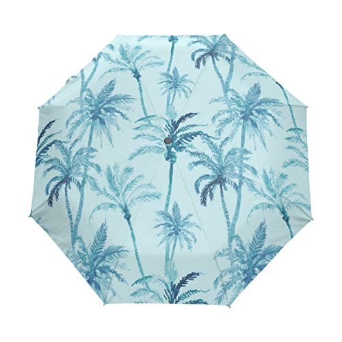 Palm Blue Umbrella Mujeres Chica Hombres Automático Abierto Cerrar Pequeños Totes Lluvia Domingo Señoras 3 Plegable