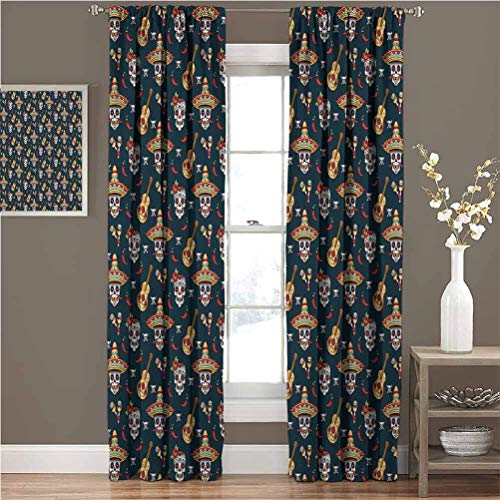 Panel de cortina de reducción de ruido para todas las estaciones, diseño de flores, diseño de calaveras de azúcar con sombrero, chile y guitarras, color multicolor