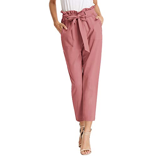 Pantalones Anchos de Verano para Mujer con Cinturón Elástico de Cintura Alta con Lazo Informal Transpirable Rosa Claro S Claf1011-11