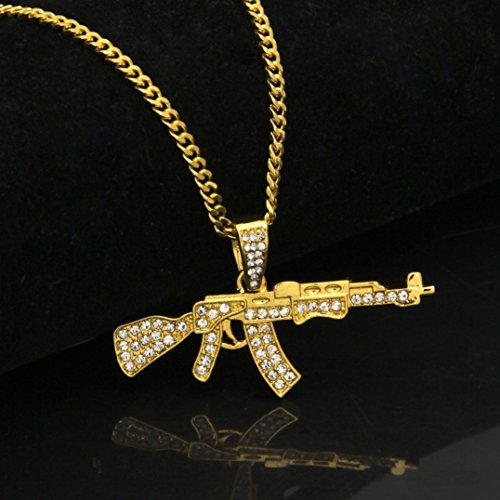 PAOLIAN Collares para Hombre y Mujer Collares Colgante de Diseño de arma de fuego de Diamante Collar colgante de aleación Iced Out Rhinestone con cadena de oro cubana Hip Hop (Oro)