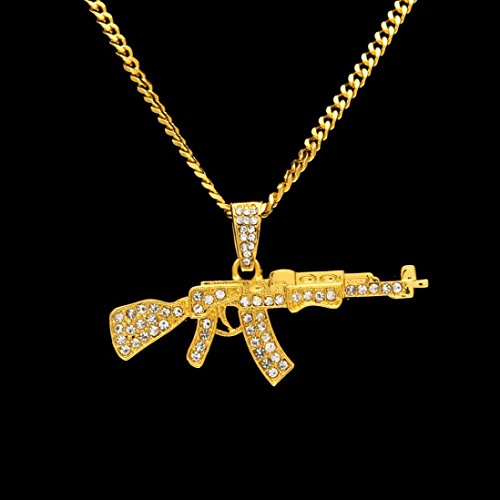 PAOLIAN Collares para Hombre y Mujer Collares Colgante de Diseño de arma de fuego de Diamante Collar colgante de aleación Iced Out Rhinestone con cadena de oro cubana Hip Hop (Oro)