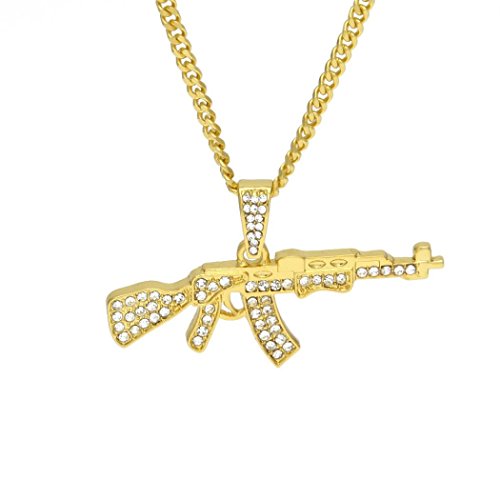PAOLIAN Collares para Hombre y Mujer Collares Colgante de Diseño de arma de fuego de Diamante Collar colgante de aleación Iced Out Rhinestone con cadena de oro cubana Hip Hop (Oro)