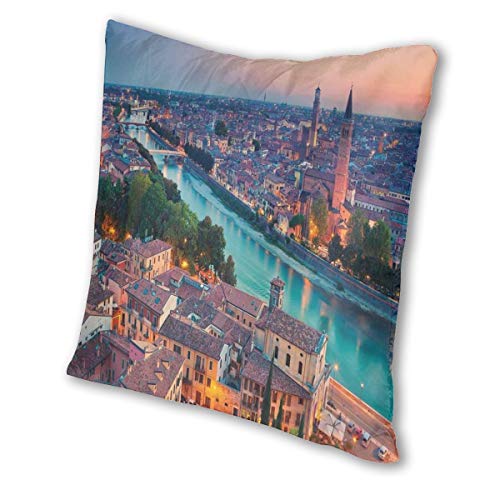 Papalikz Velvet Soft Decorative Square Accent Throw Pillow Covers Cushion Case,Verona Italy During Summer Sunset Blue Hour Adige River Medieval Historcal,for Sofa Bedroom Car, 18 x 18 Inches