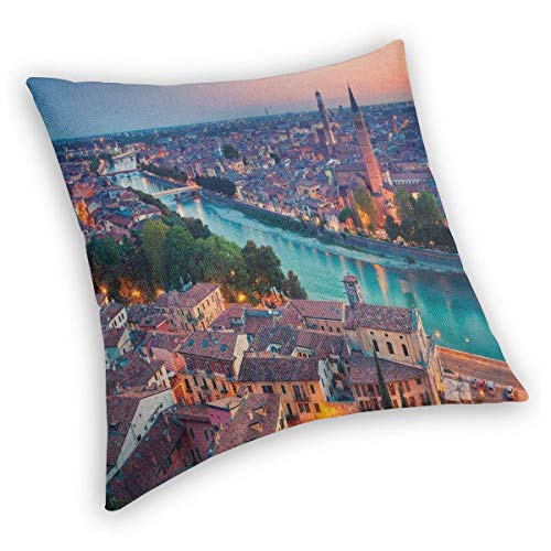 Papalikz Velvet Soft Decorative Square Accent Throw Pillow Covers Cushion Case,Verona Italy During Summer Sunset Blue Hour Adige River Medieval Historcal,for Sofa Bedroom Car, 18 x 18 Inches