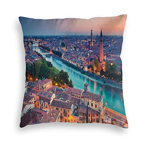 Papalikz Velvet Soft Decorative Square Accent Throw Pillow Covers Cushion Case,Verona Italy During Summer Sunset Blue Hour Adige River Medieval Historcal,for Sofa Bedroom Car, 18 x 18 Inches