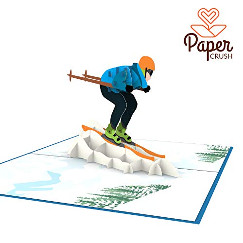 PaperCrush - Tarjeta pop-up con diseño de esquiador Tarjeta de cupones hecha a mano para esquí, vales para vacaciones de esquí o botas de esquí. Divertida tarjeta de cumpleaños, incluye sobre