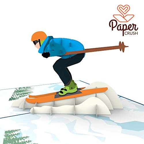 PaperCrush - Tarjeta pop-up con diseño de esquiador Tarjeta de cupones hecha a mano para esquí, vales para vacaciones de esquí o botas de esquí. Divertida tarjeta de cumpleaños, incluye sobre