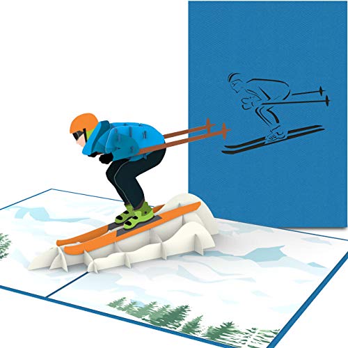 PaperCrush - Tarjeta pop-up con diseño de esquiador Tarjeta de cupones hecha a mano para esquí, vales para vacaciones de esquí o botas de esquí. Divertida tarjeta de cumpleaños, incluye sobre