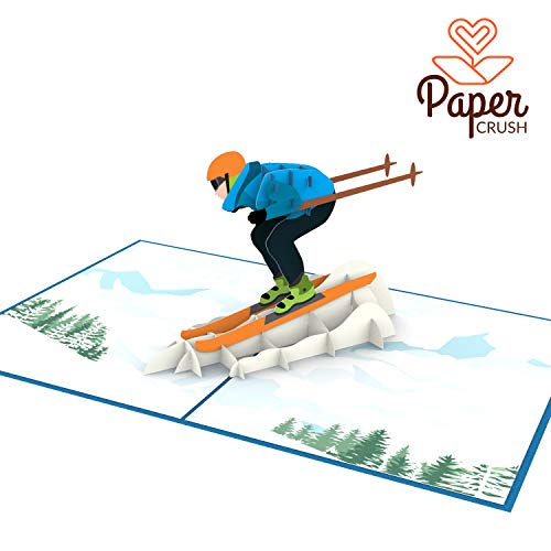 PaperCrush - Tarjeta pop-up con diseño de esquiador Tarjeta de cupones hecha a mano para esquí, vales para vacaciones de esquí o botas de esquí. Divertida tarjeta de cumpleaños, incluye sobre