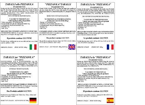 Paquete con 4 Taralli Bell'Olio di Puglia. Producto horneado ideal para snacks. El paquete contiene taralli con aceite de oliva, con semillas de hinojo, con cebolla y "Pizzaiola"