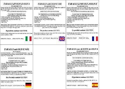 Paquete con 4 Taralli Bell'Olio di Puglia. Producto horneado ideal para snacks. El paquete contiene taralli con aceite de oliva, con semillas de hinojo, con cebolla y "Pizzaiola"