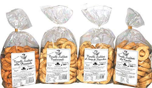 Paquete con 4 Taralli Bell'Olio di Puglia. Producto horneado ideal para snacks. El paquete contiene taralli con aceite de oliva, con semillas de hinojo, con cebolla y "Pizzaiola"