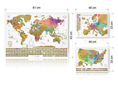 Paquete definitivo de mapa de rascar (mapa del mundo, de los EE. UU. y de Europa) | 3 mapas de rascar de gran calidad con un juego completo de accesorios y banderas de todos los países.