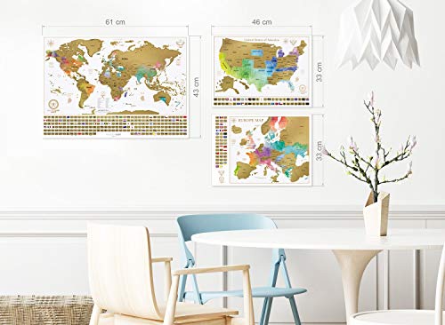 Paquete definitivo de mapa de rascar (mapa del mundo, de los EE. UU. y de Europa) | 3 mapas de rascar de gran calidad con un juego completo de accesorios y banderas de todos los países.