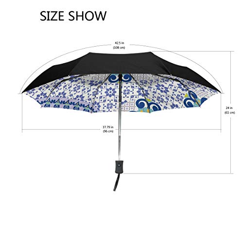 Paraguas de Viaje con diseño geométrico de Talavera, Compacto, Plegable, Reversible, para el Coche, Resistente al Viento, protección UV, Mango ergonómico, Apertura y Cierre automático, Color Morado