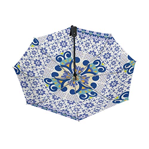 Paraguas de Viaje con diseño geométrico de Talavera, Compacto, Plegable, Reversible, para el Coche, Resistente al Viento, protección UV, Mango ergonómico, Apertura y Cierre automático, Color Morado