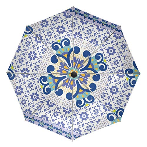 Paraguas de Viaje con diseño geométrico de Talavera, Compacto, Plegable, Reversible, para el Coche, Resistente al Viento, protección UV, Mango ergonómico, Apertura y Cierre automático, Color Morado