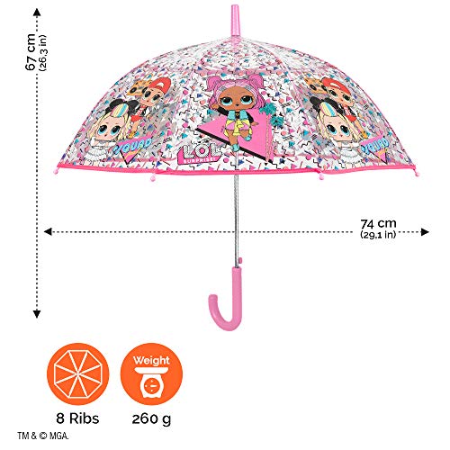 Paraguas Transparente LOL Surprise Niña - Paraguas Infantil Cupula Burbuja Rosa MC Swag VRQT 80s BB - Antiviento Resistente de Fibra de Vidrio Automatico Seguro PoE 4/7 Años Diametro 74 cm - Perletti