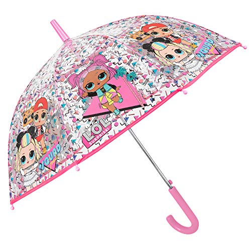 Paraguas Transparente LOL Surprise Niña - Paraguas Infantil Cupula Burbuja Rosa MC Swag VRQT 80s BB - Antiviento Resistente de Fibra de Vidrio Automatico Seguro PoE 4/7 Años Diametro 74 cm - Perletti