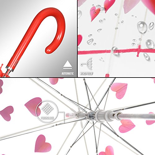 Paraguas Transparente Mujer Estampado Corazones Rojos - Paraguas Clásico de Burbuja Cupula Automatico Fantasia a la Moda - PoE Resistente Antiviento - 89 cm Diámetro - Perletti