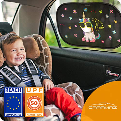 Parasol coche infantil con protección UV extra oscura - autoadhesivo, para proteger del sol a bebés y mascotas, 2 parasoles para bebé con diseño de unicornio