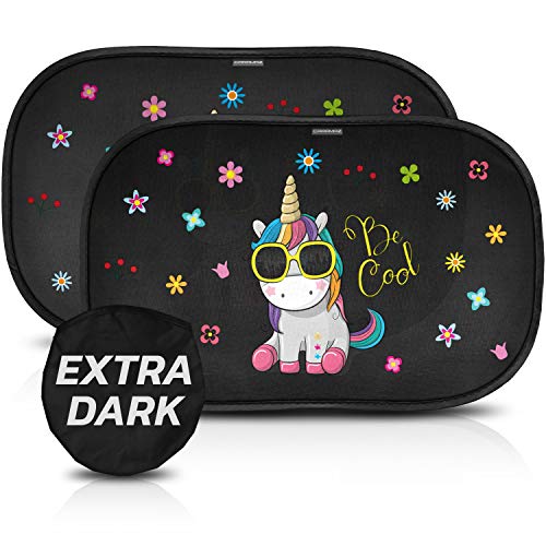 Parasol coche infantil con protección UV extra oscura - autoadhesivo, para proteger del sol a bebés y mascotas, 2 parasoles para bebé con diseño de unicornio