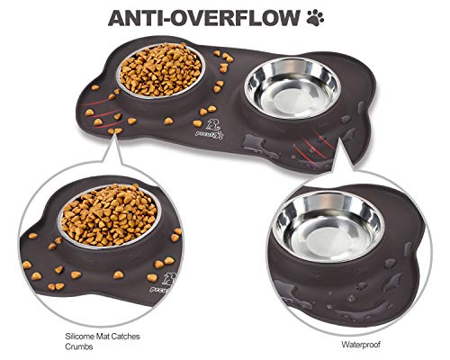 Pecute Comedero para Gatos Perros Mascotas de Acero Inoxidable Base de Silicona Antideslizante con Bolsa para heces de Perro y dispensador y Pinza para Correa(M(400ml*2), Marrón)