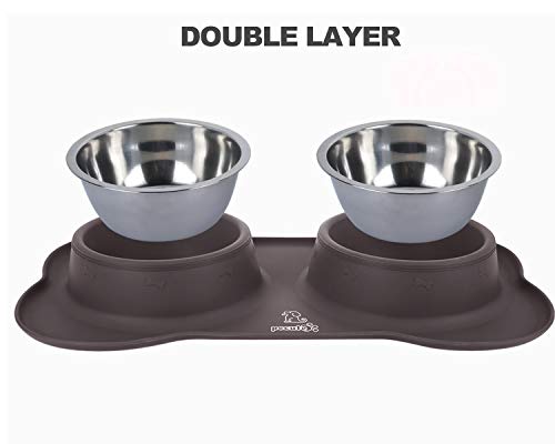 Pecute Comedero para Gatos Perros Mascotas de Acero Inoxidable Base de Silicona Antideslizante con Bolsa para heces de Perro y dispensador y Pinza para Correa(M(400ml*2), Marrón)